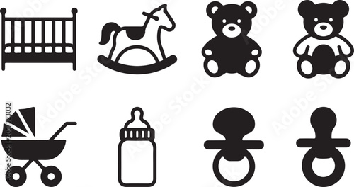 Tableau sur toile Set of black baby icons including crib rocking horse teddy bear stroller milk bo