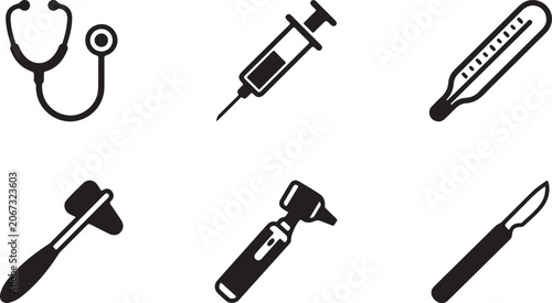 Foto Set of black medical tools and healthcare equipment icons including stethoscope