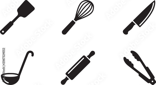Tableau sur toile Set of black kitchen utensil icons including spatula whisk knife ladle rolling p