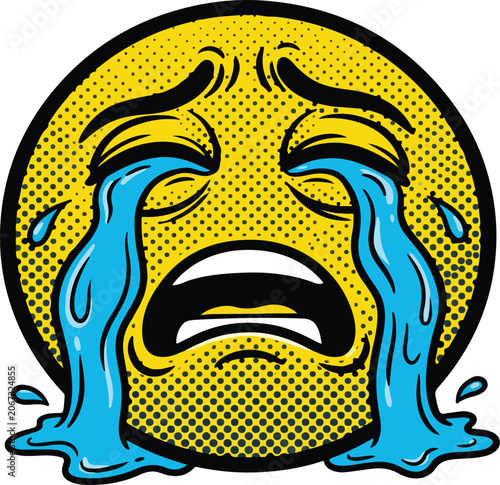 Fotografie Pop Art Comic Style Crying Emoji with Halftone Dots and Tear Streams Vector