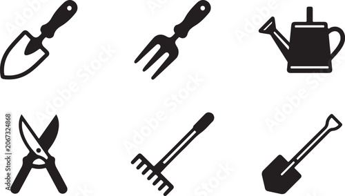 Photos Set of black gardening tools icons including shovel rake fork shears and waterin