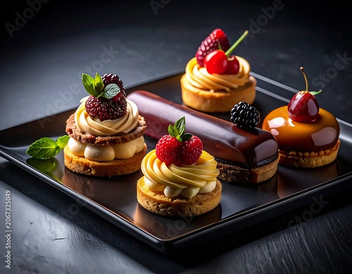 A selection of assorted pastries on a black tray (1)