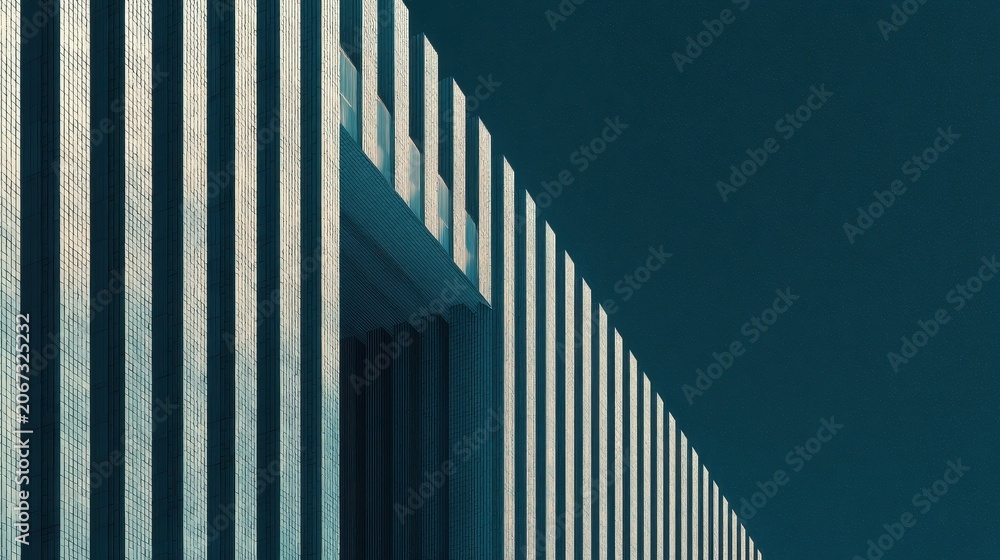 Naklejka premium Minimalist Building Facade with Strong Vertical Lines and Dramatic Shadow