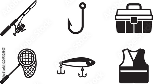 Fotografi Set of black fishing gear icons including rod hook tackle box net lure and life