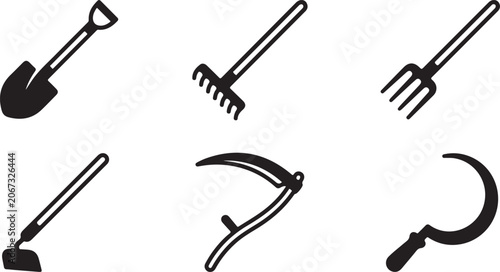 Quadro su tela Set of black farming tool icons including shovel rake pitchfork hoe scythe and s