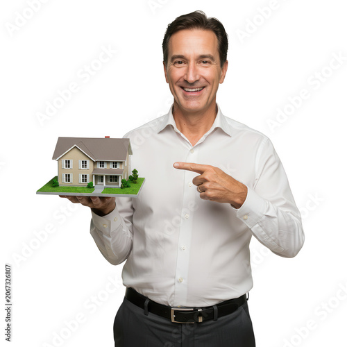 Smiling realtor presenting house model isolated on transparent background
