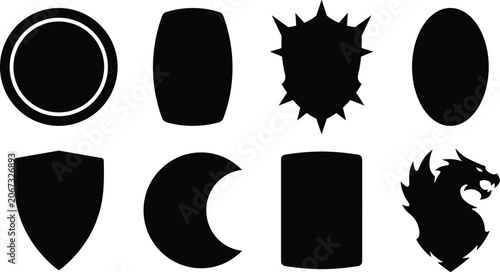 Military patch emblem shapes and fantasy crest silhouettes set featuring dragon head and shield borders