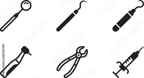 Set of black dental instruments icons including mirror probe scaler drill pliers and syringe for professional oral care Vector