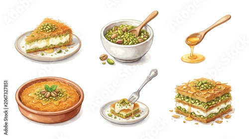 Fotografía A vibrant watercolor illustration showcasing a delightful assortment of Middle Eastern desserts, featuring baklava, kunafa, and other pistachio-infused sweets, drizzled with honey