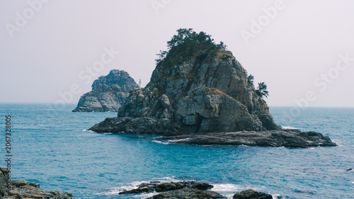Panoramic View of Oryukdo Islets and Coastal Cliffs in Busan South Korea under Clear Sky