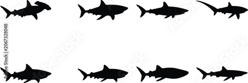 Принти на полотні Set of eight black shark silhouettes for ocean life graphics including hammerhea