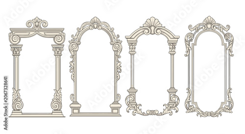 collection of four ornate decorative vector frames, baroque style with intricate details, suitable for invitations or photo borders