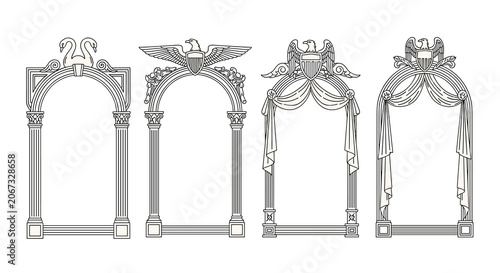 Set of decorative architectural frames and arches with ornate carvings and columns, vector elements for design