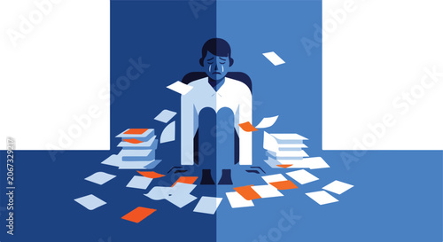 Sad person overwhelmed by scattered papers in a blue room
