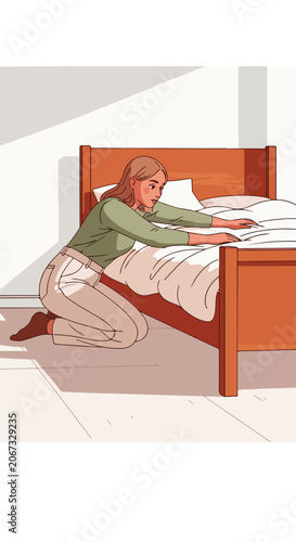 Woman kneeling by bed reaching for sheets in a bedroom