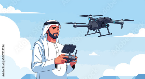 Man in Traditional Clothing Controls Drone in Sky