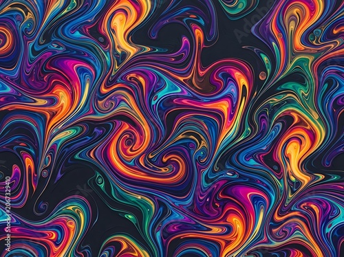 Abstract liquid marble texture with colorful swirls of blue orange and purple paint on a dark black background
