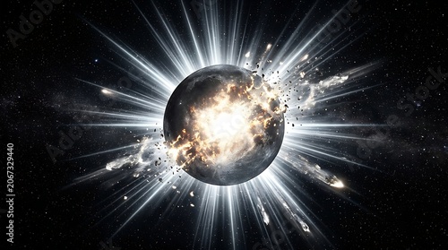Massive glowing planet exploding in deep space with bright white light rays and flying debris shards captured in a sharp digital art style on transparent background