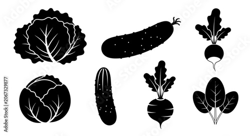 Vegetable icons set black silhouettes of cabbage cucumber beetroot and lettuce on white background