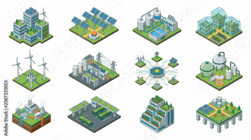 Isometric futuristic city buildings and structures collection, digital art.