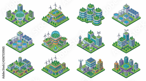 Isometric futuristic city buildings and structures collection, digital art.