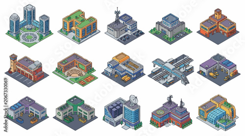 Isometric futuristic city buildings and structures collection, digital art.