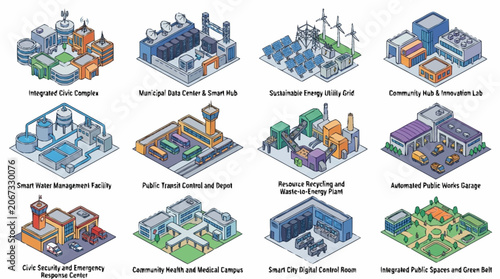 Isometric futuristic city buildings and structures collection, digital art.