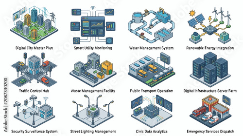 Isometric futuristic city buildings and structures collection, digital art.