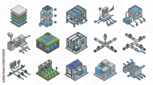 Isometric futuristic city buildings and structures collection, digital art.