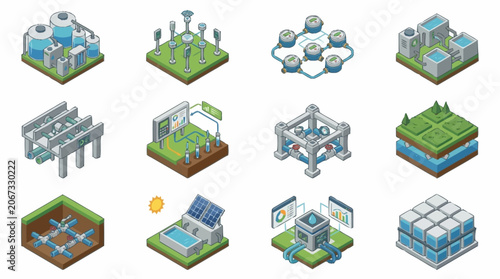 Isometric futuristic city buildings and structures collection, digital art.