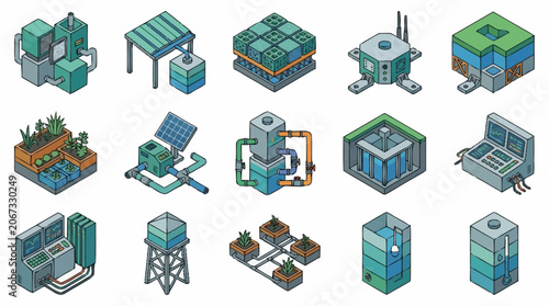 Isometric futuristic city buildings and structures collection, digital art.