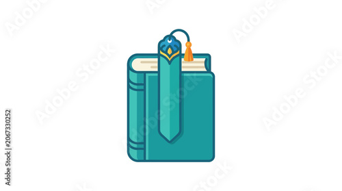 Turquoise Book with Decorative Bookmark, Isolated on White Background, Flat Design