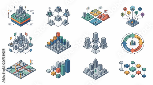 Isometric futuristic city buildings and structures collection, digital art.