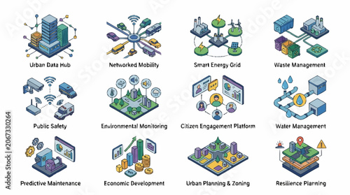 Isometric futuristic city buildings and structures collection, digital art.