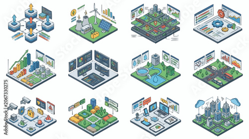 Isometric futuristic city buildings and structures collection, digital art.