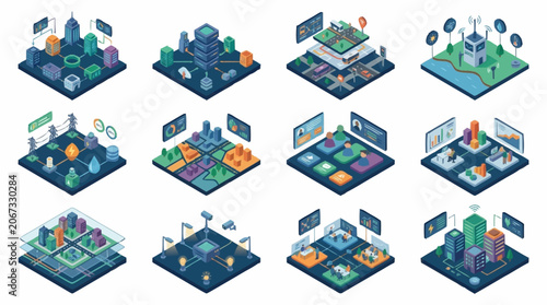 Isometric futuristic city buildings and structures collection, digital art.