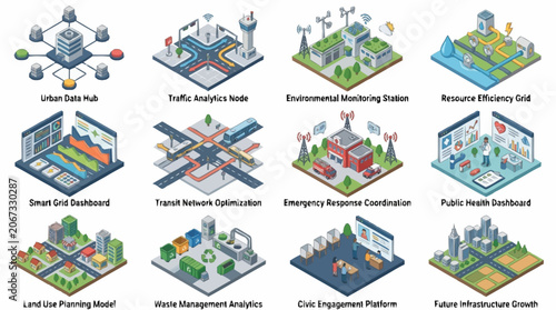 Isometric futuristic city buildings and structures collection, digital art.