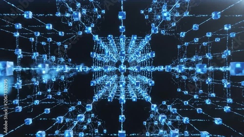 Abstract blue blockchain network with glowing cubes and data lines