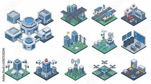 Isometric futuristic city buildings and structures collection, digital art.