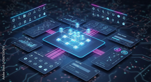 Bild auf Leinwand Futuristic Digital Technology Microchip and Data Flow.