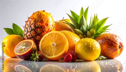 A vibrant arrangement of fresh fruits on a reflective surface (21)