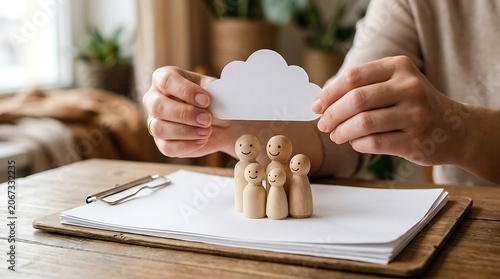 Family insurance concept with wooden figures and paper cloud, life protection and security planning, agent holding cloud over small family group