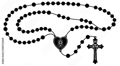 Black rosary beads with heart shaped center.