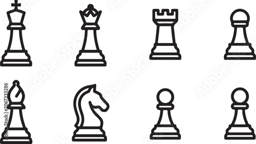 Schilderij op canvas Set of eight black and white chess pieces icons showing king queen rook pawn bis