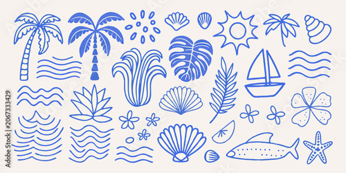 Tropical flora and fauna vector illustration with blue line work