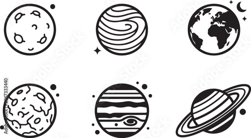 Foto Set of six simple black and white line art planet icons representing different c