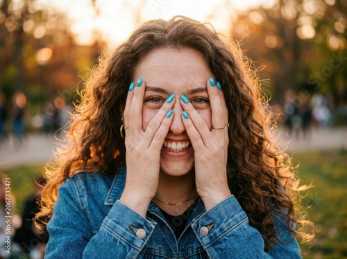 A joyful young woman with curly hair and bright blue nails smiling while covering part of her face with her hands during a sunny golden hour portrait