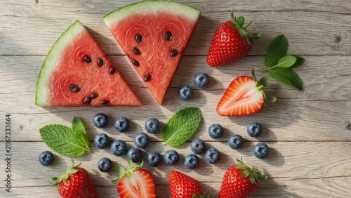 Fresh Summer Fruits Flat Lay Watermelon, Strawberries, Blueberries and Mint on Wooden Surface