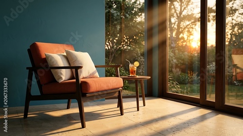 Modern mid-century armchair with cushions in sunlit living room, cozy interior lounge with sunset light rays, elegant home decor with teal wall