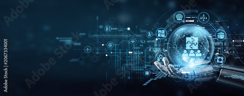 Canvastavla Robot hand firmly hold TEAMWORK concepts to bridge global collaboration gaps